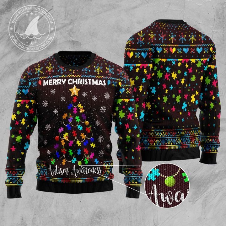 merry christmas autism awareness christmas tree all over printed ugly christmas sweater 2
