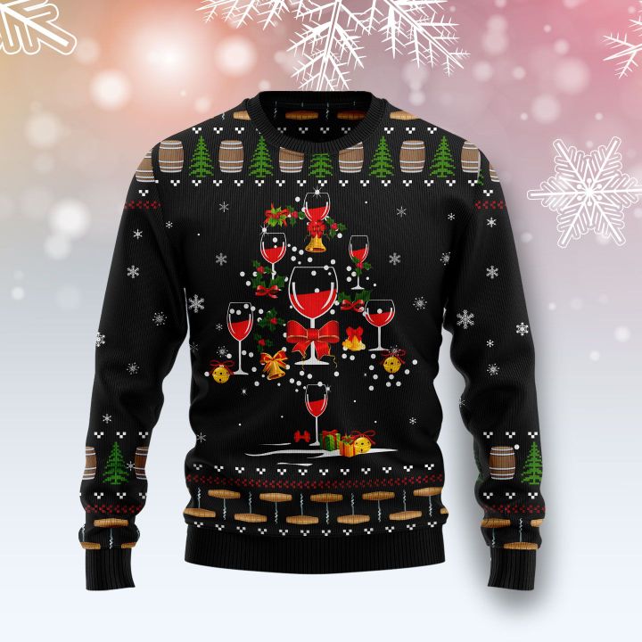 red wine christmas tree all over printed ugly christmas sweater 2