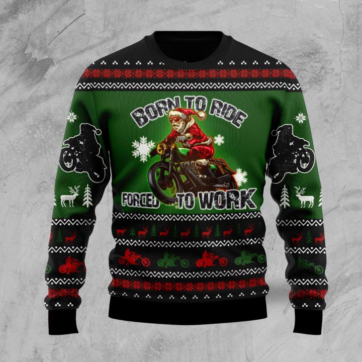 santa born to ride forced to work all the way all over printed ugly christmas sweater 2