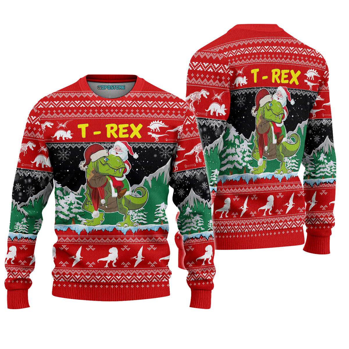 santa riding t-rex all over printed ugly christmas sweater 2