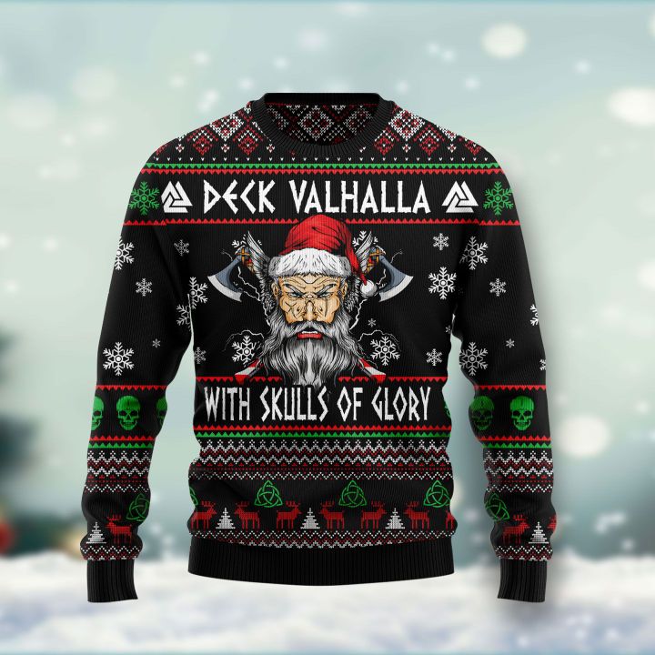 viking deck valhalla with skulls of glory all over printed ugly christmas sweater 2