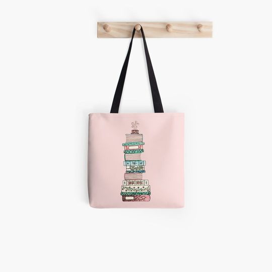 pink and blue floral bookstack all over printed tote bag 3