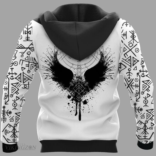 viking symbol wolf and raven all over printed hoodie - back