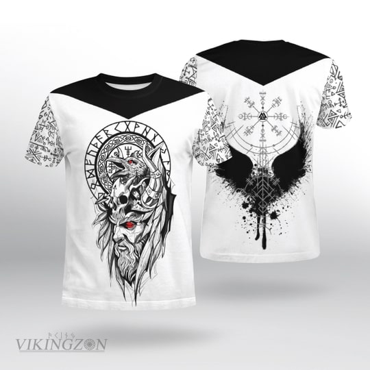 viking symbol wolf and raven all over printed tshirt