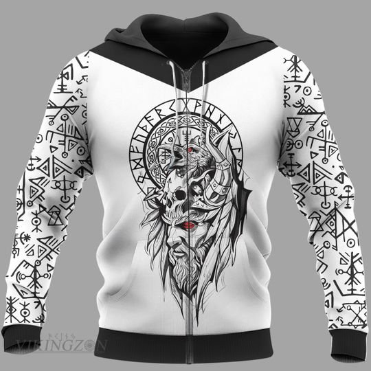 viking symbol wolf and raven all over printed zip hoodie