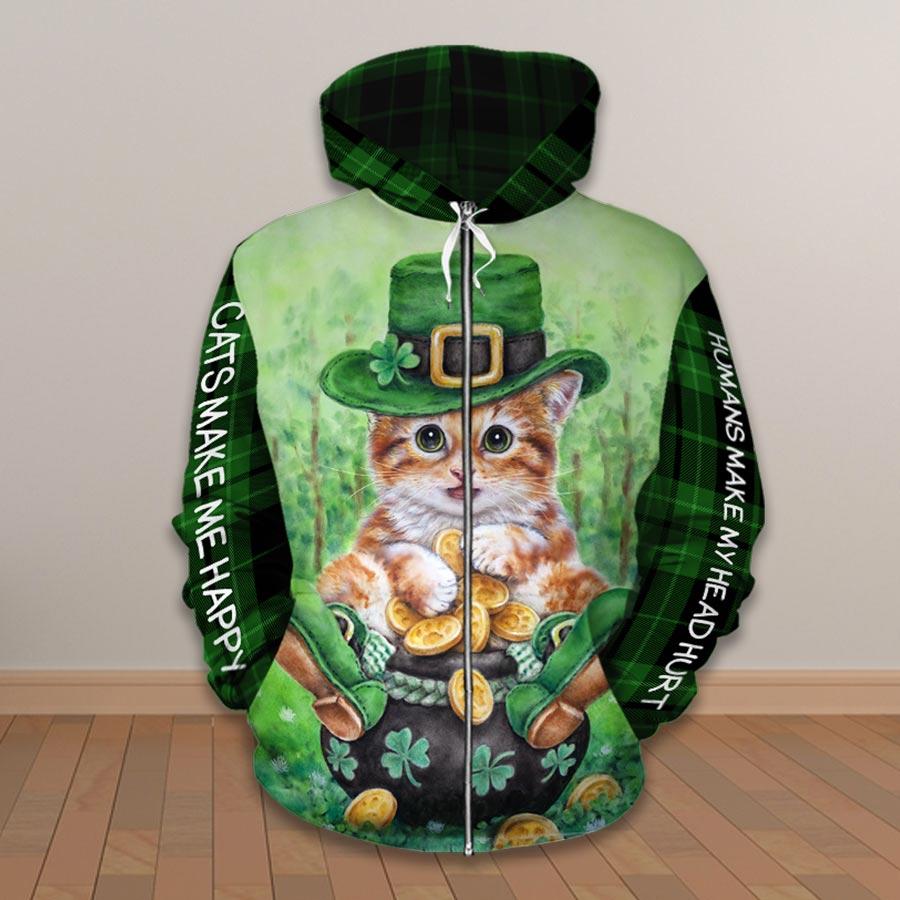 st patricks day for cat lover all over printed zip hoodie