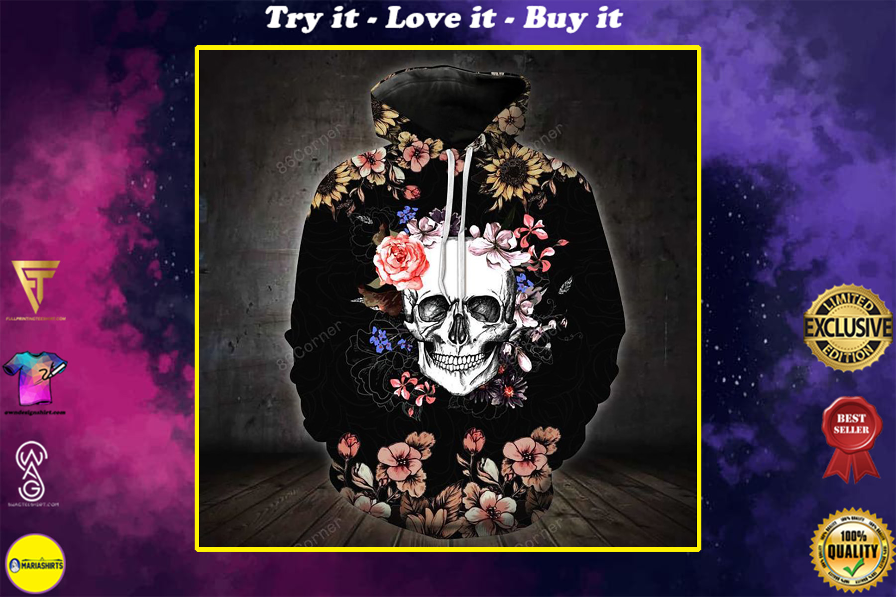 the dark skull with flower all over printed shirt
