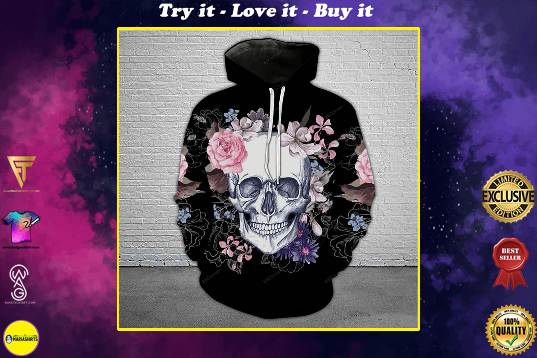 the skull with floral all over printed shirt