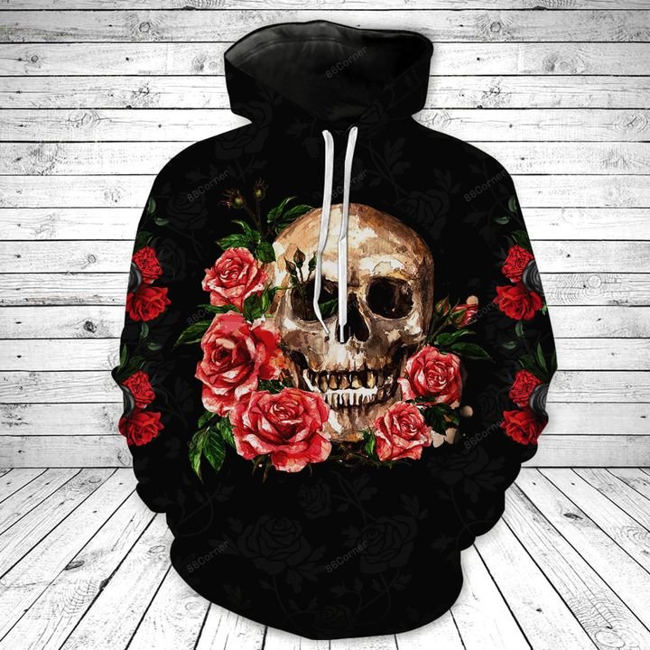 the skull with rose flower all over printed shirt 1