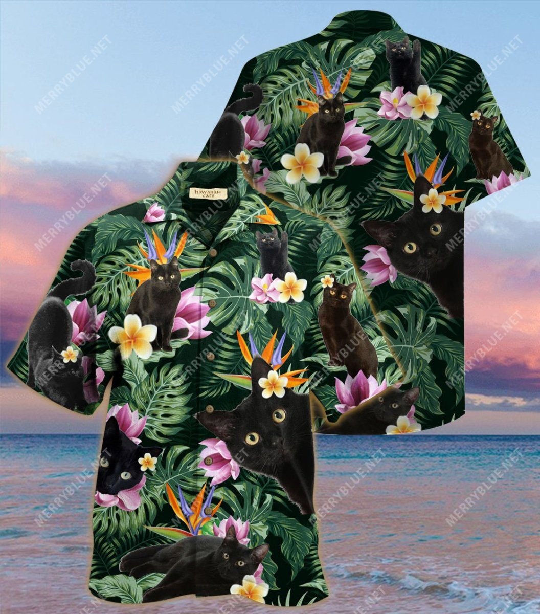 tropical flower and black cat all over printed hawaiian shirt 3