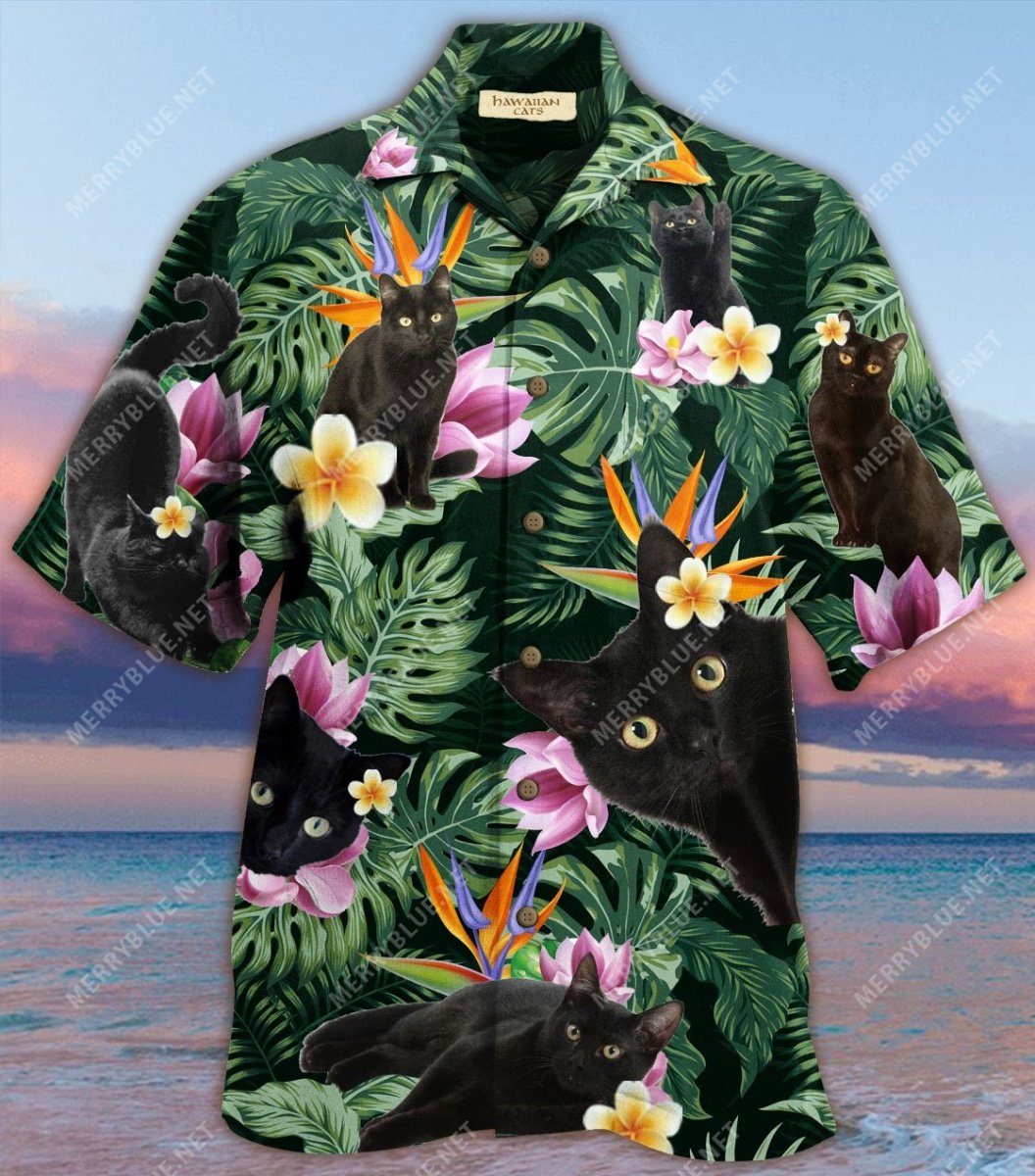 tropical flower and black cat all over printed hawaiian shirt 4