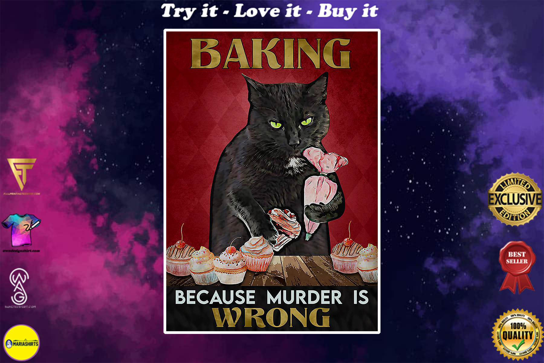 vintage baking because murder is wrong black cat poster