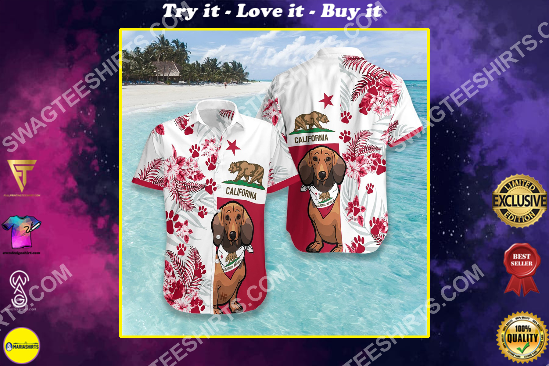 dachshund dog lover california flag all over printed hawaiian shirt 2-1 - Copy