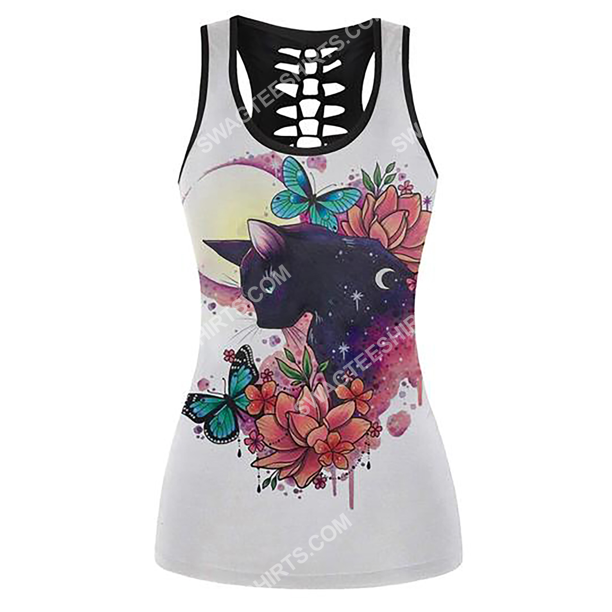 black cat with flower and moon full printing hollow tank top 2(2) - Copy