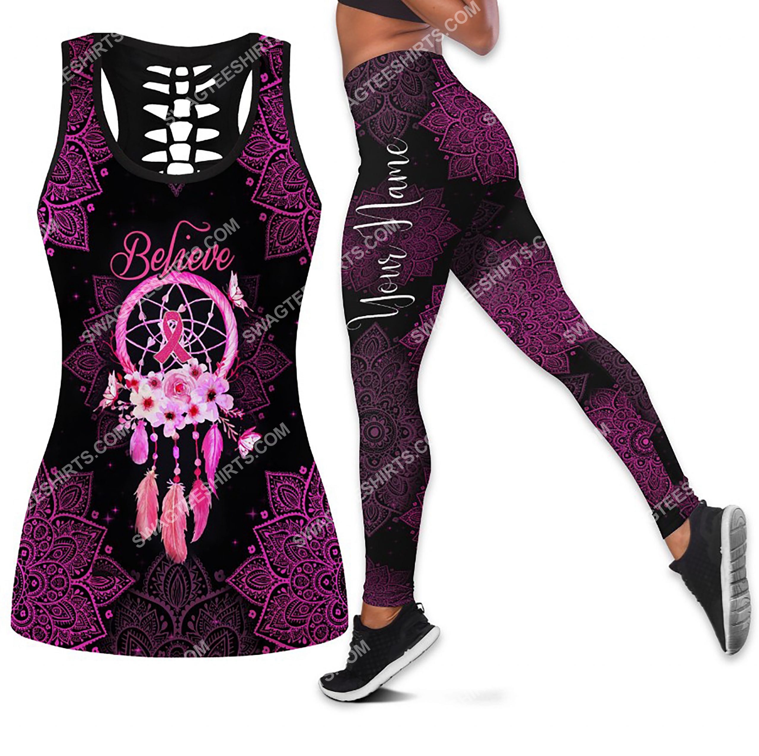 custom name believe dream catcher breast cancer all over printed leggings set 1