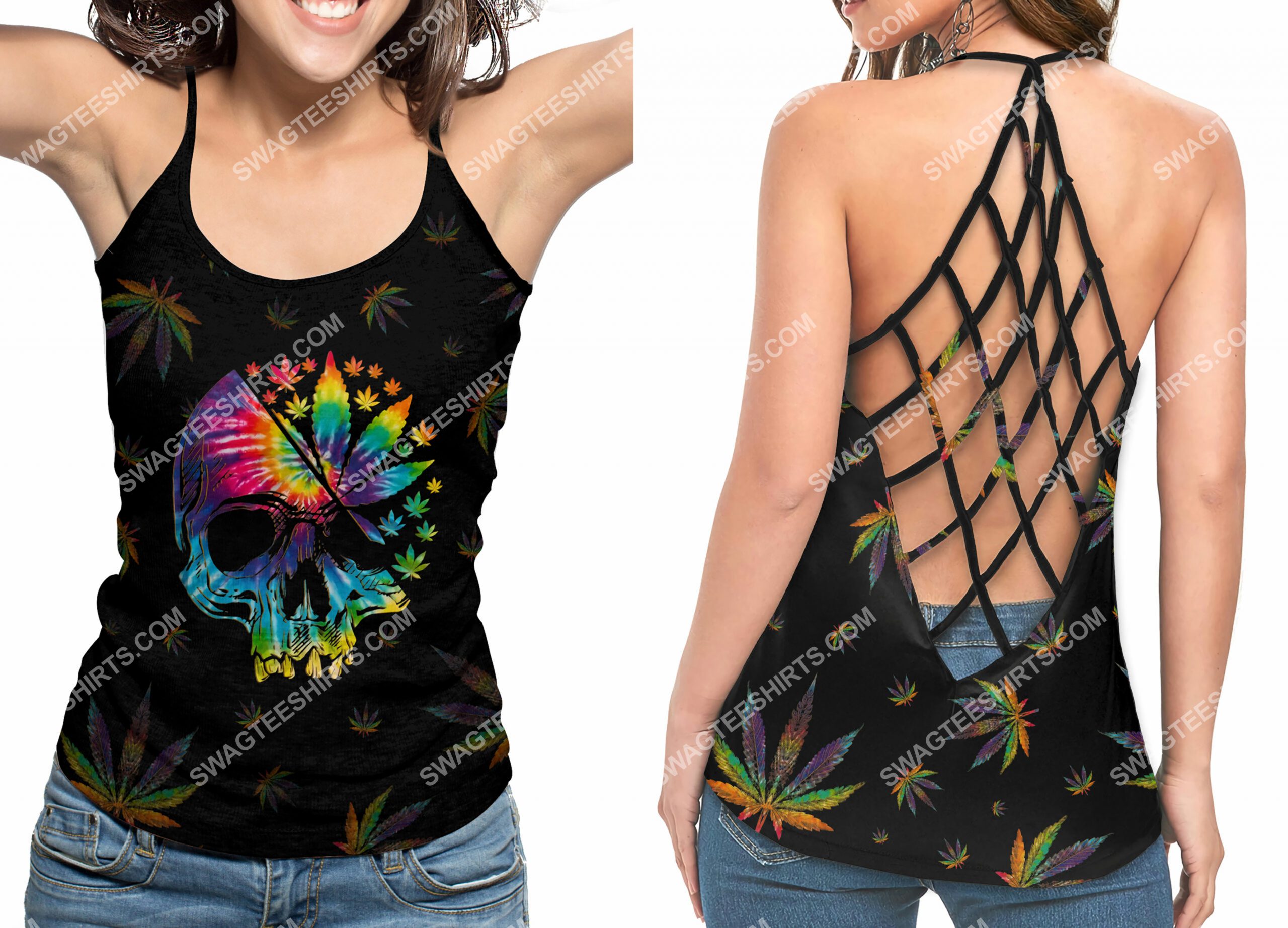 hippie skull weed leaf colorful strappy back tank top 2(1) - Copy