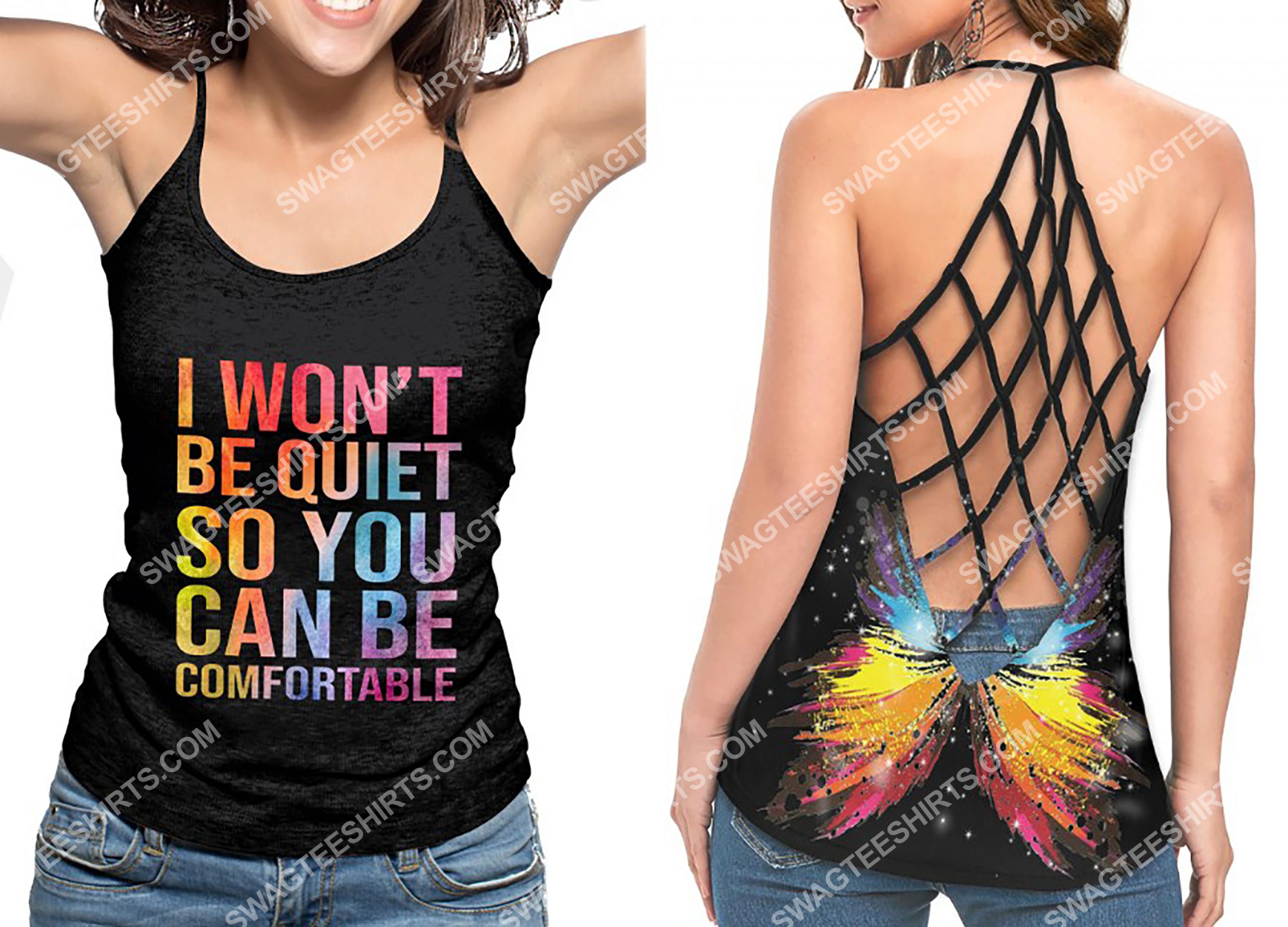 i wont be quiet so you can be comfortable all over printed strappy back tank top 2(1)