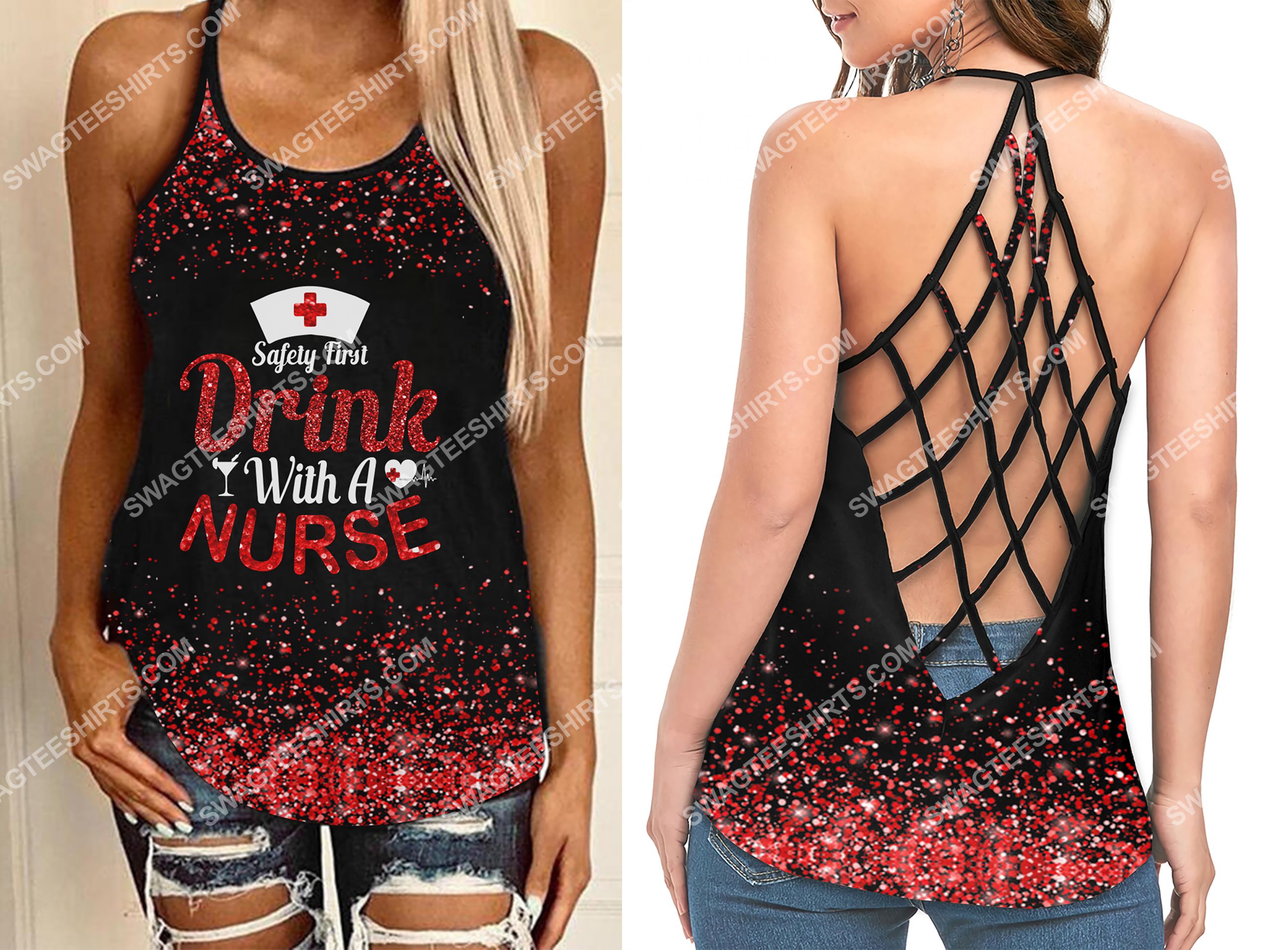 safety first drink with a nurse glitter strappy back tank top 2(1) - Copy