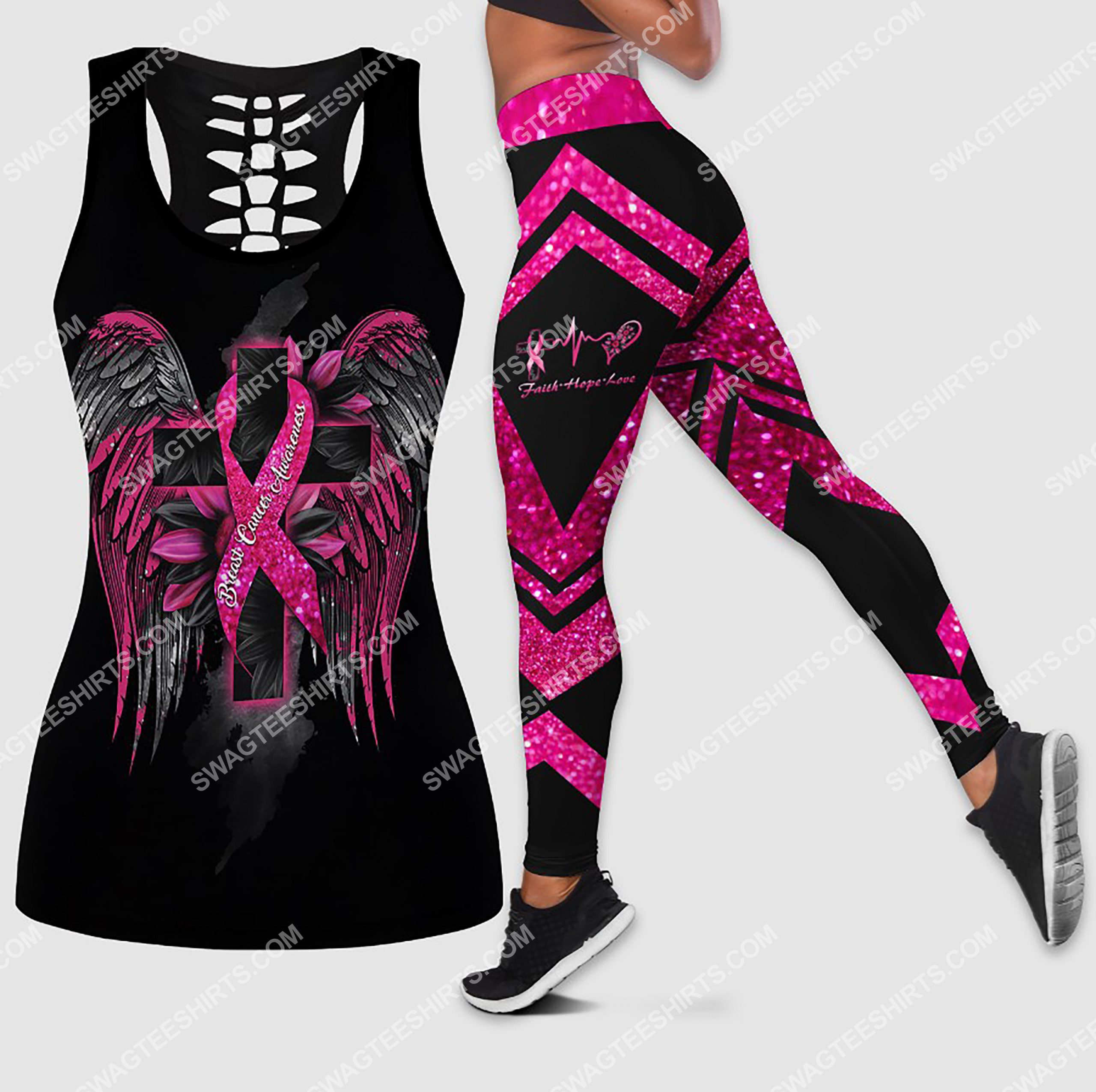 sunflower cross and wings breast cancer awareness all over printed leggings set 1