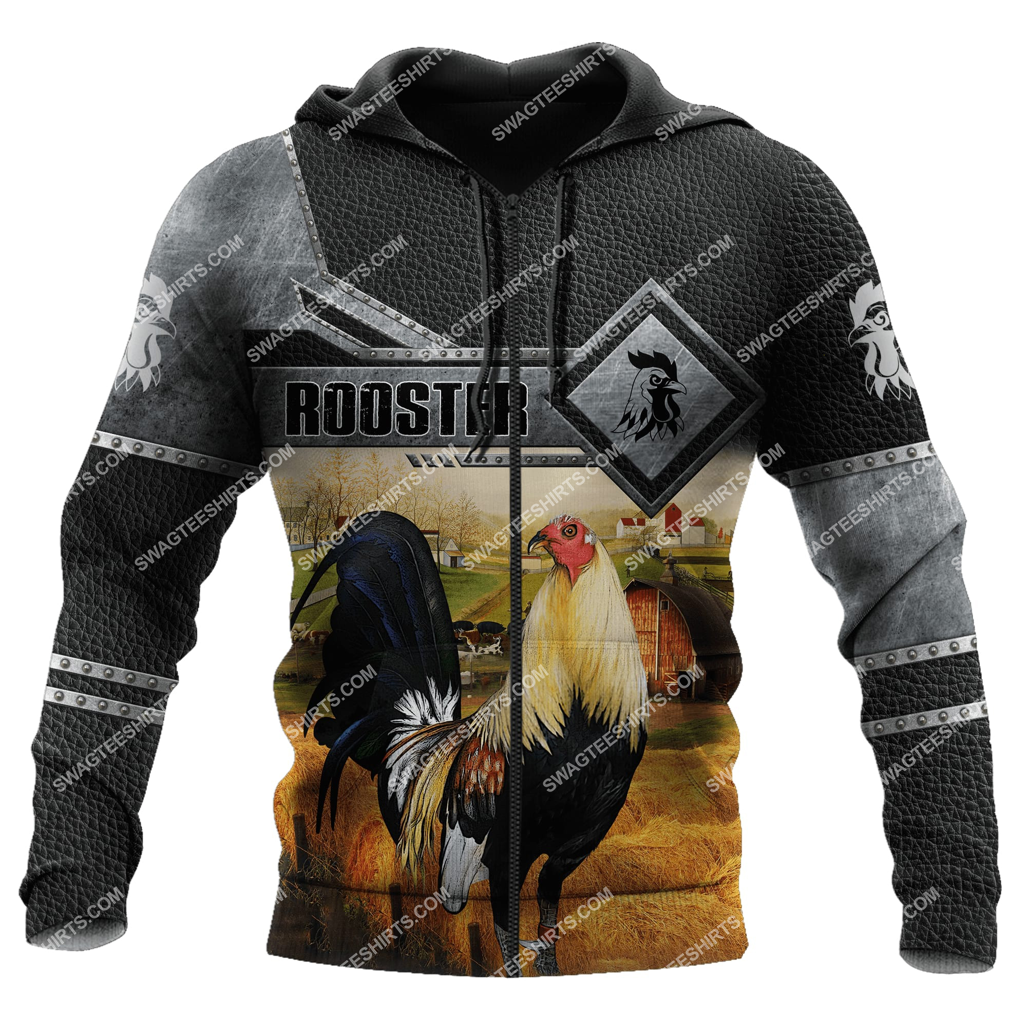 love rooster and farm life metal full printing zip hoodie 1