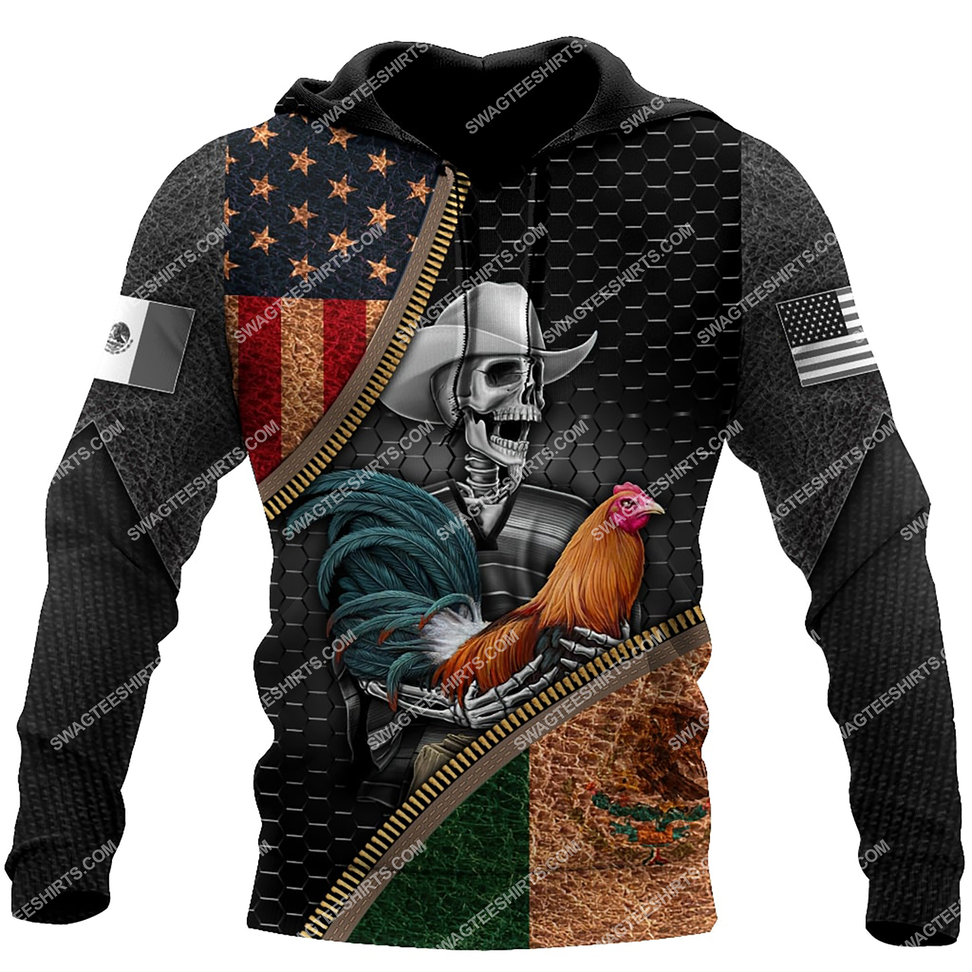 skull the rooster american flag and mexican flag full printing hoodie 1