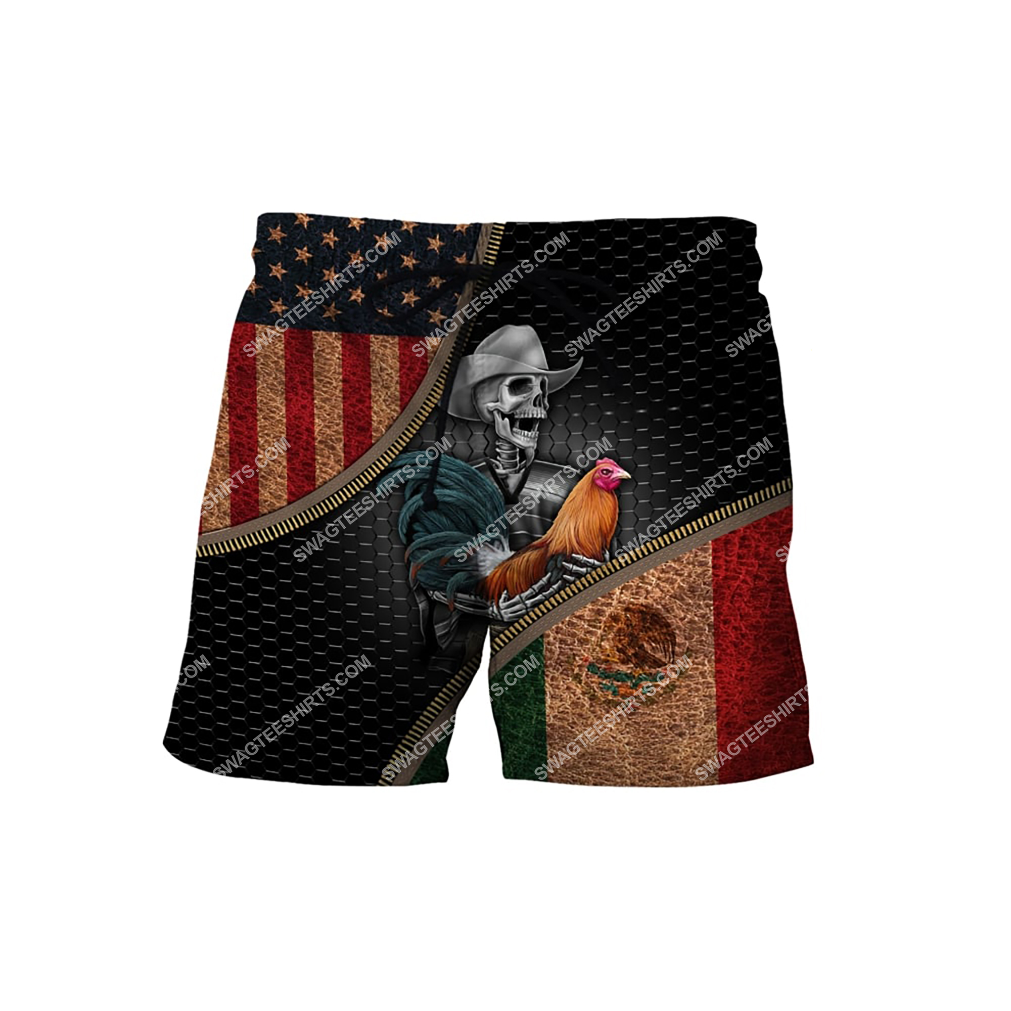 skull the rooster american flag and mexican flag full printing shorts 1