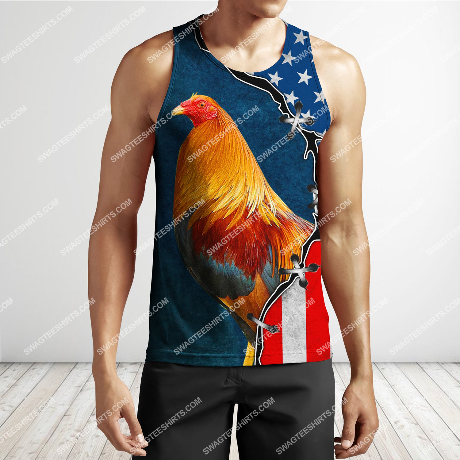 the american flag and rooster chicken full printing tank top 1